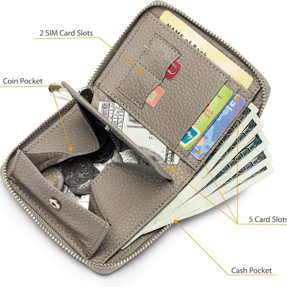 Travel Wallet for Women Leather RFID Blocking Coins Card Slots Compact Gray - Picture 2 of 6